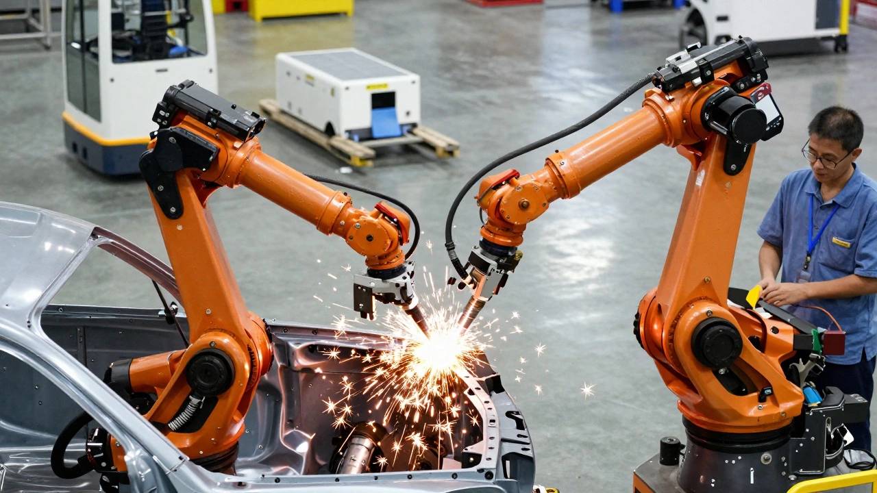 Промышленные сварочные роботы и автономные тележки на заводе