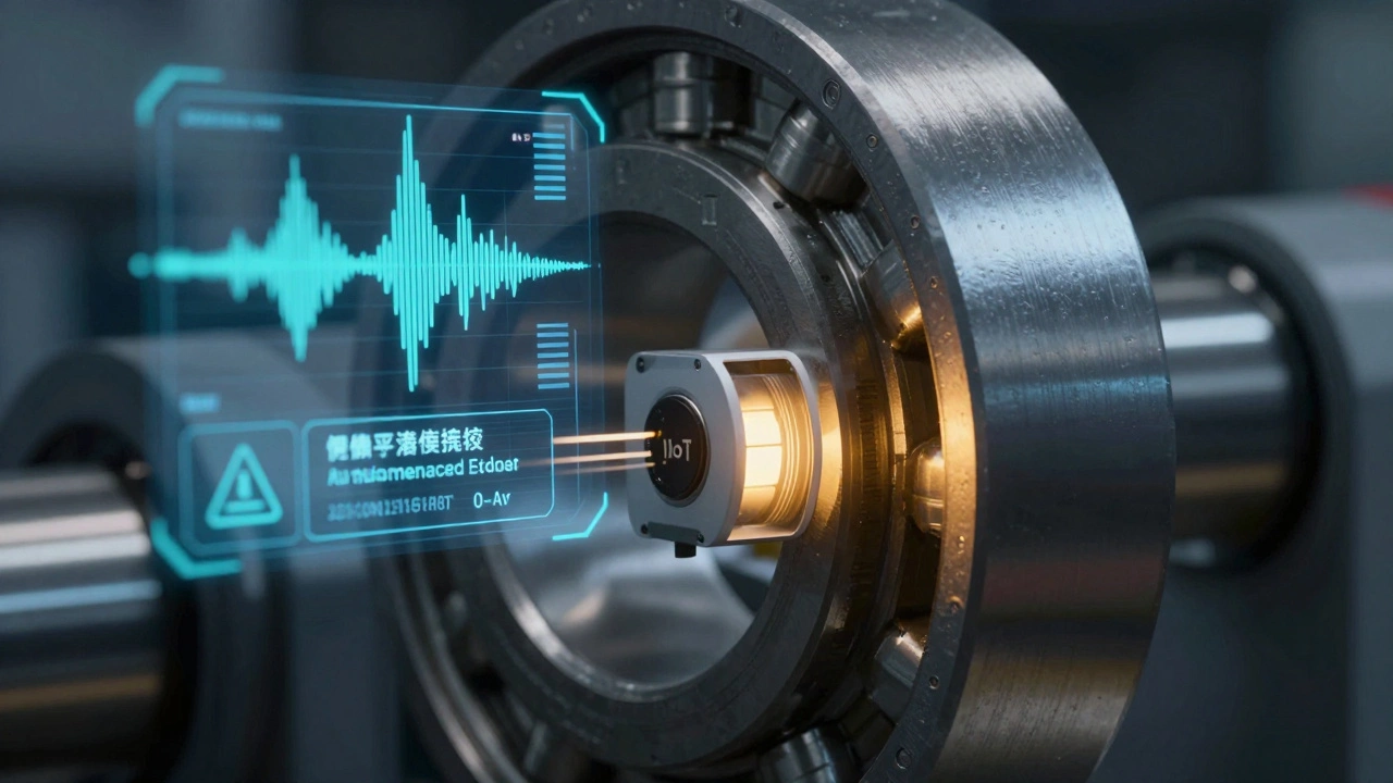 Промышленный датчик IIoT на детали станка с цифровым графиком предсказания поломки