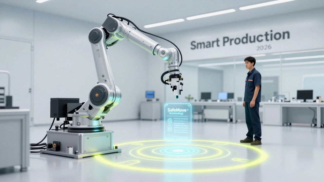 Современный промышленный робот и рабочий в зоне цифрового контроля безопасности