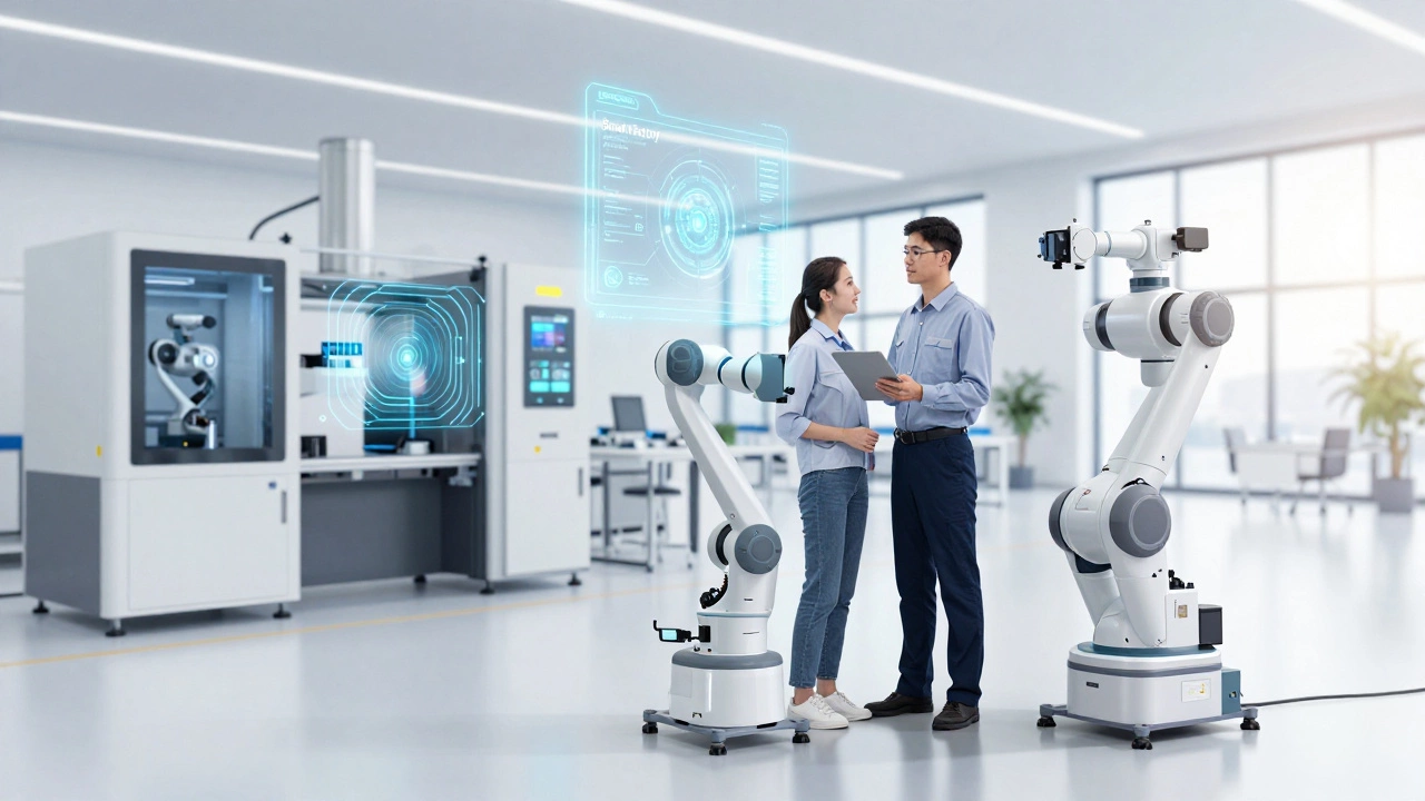 Современный умный цех, где коботы работают вместе с инженером в цифровой экосистеме