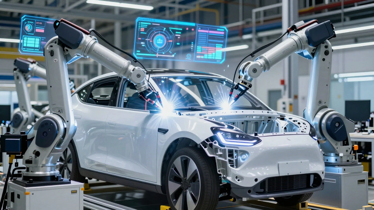 Автоматизированная линия сборки электромобиля с роботами на заводе