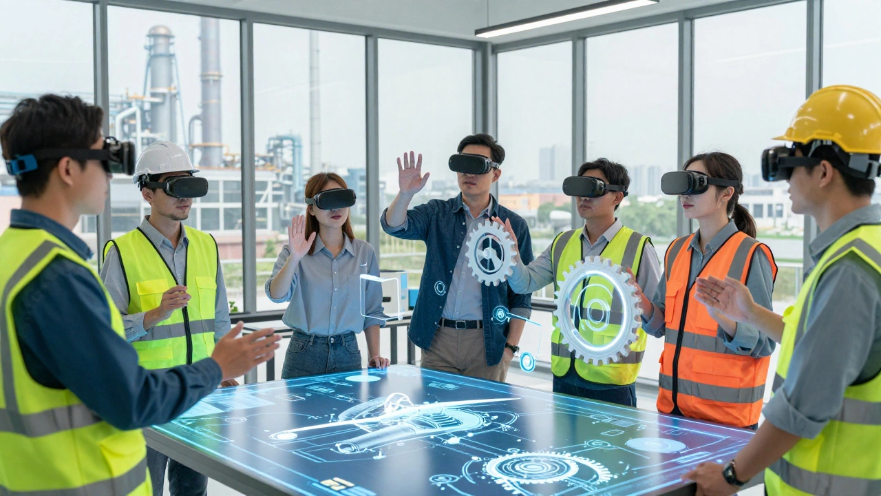 Инженеры работают с 3D-моделями в современной лаборатории