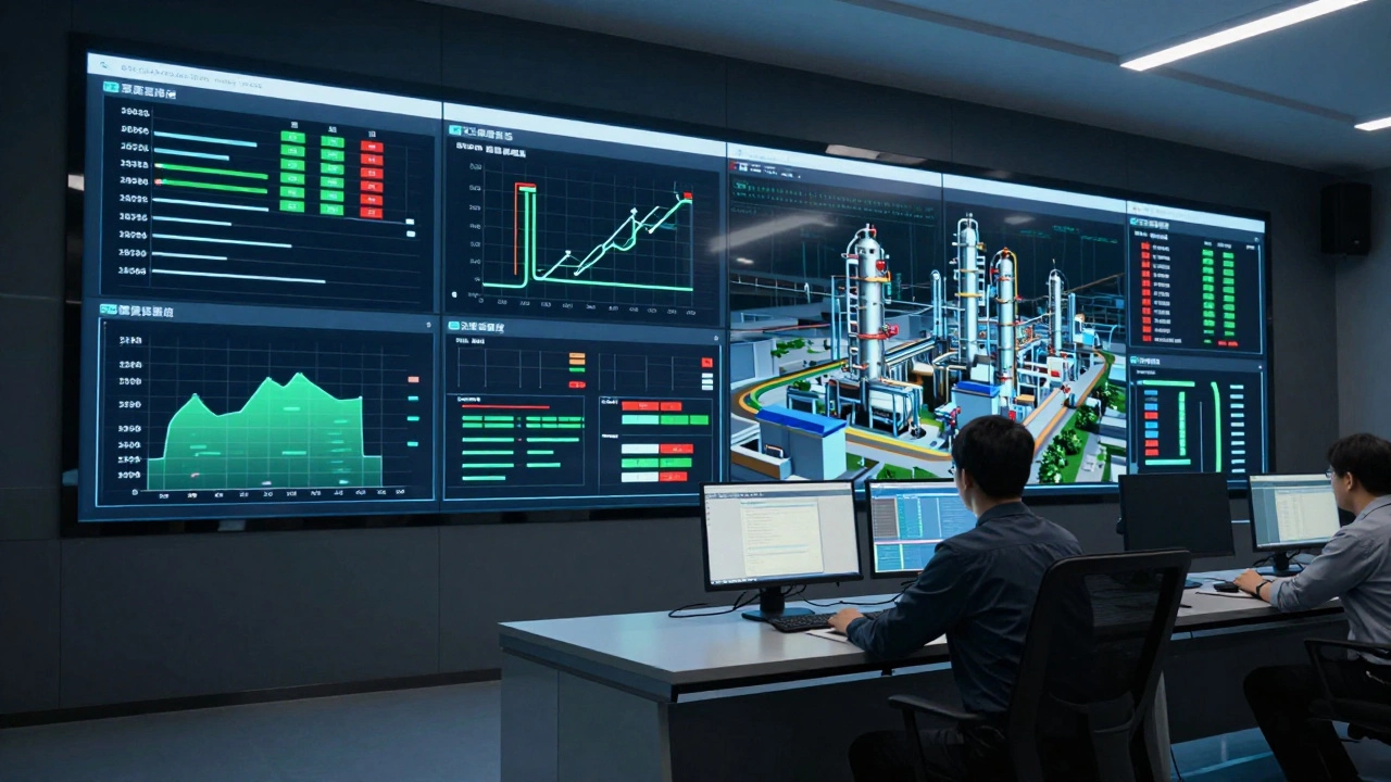 Оператор в центре управления с экранами SCADA-системы