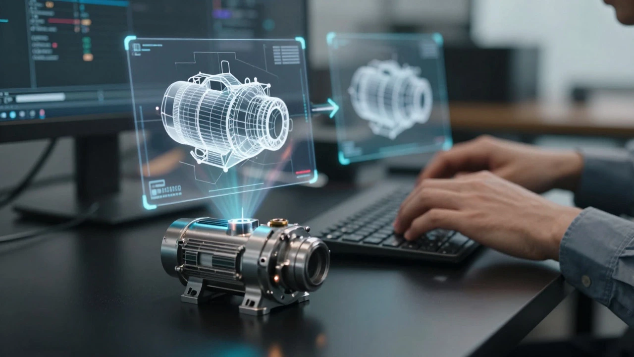 Инженер работает с 3D-моделью насоса, переходя от схемы к визуализации