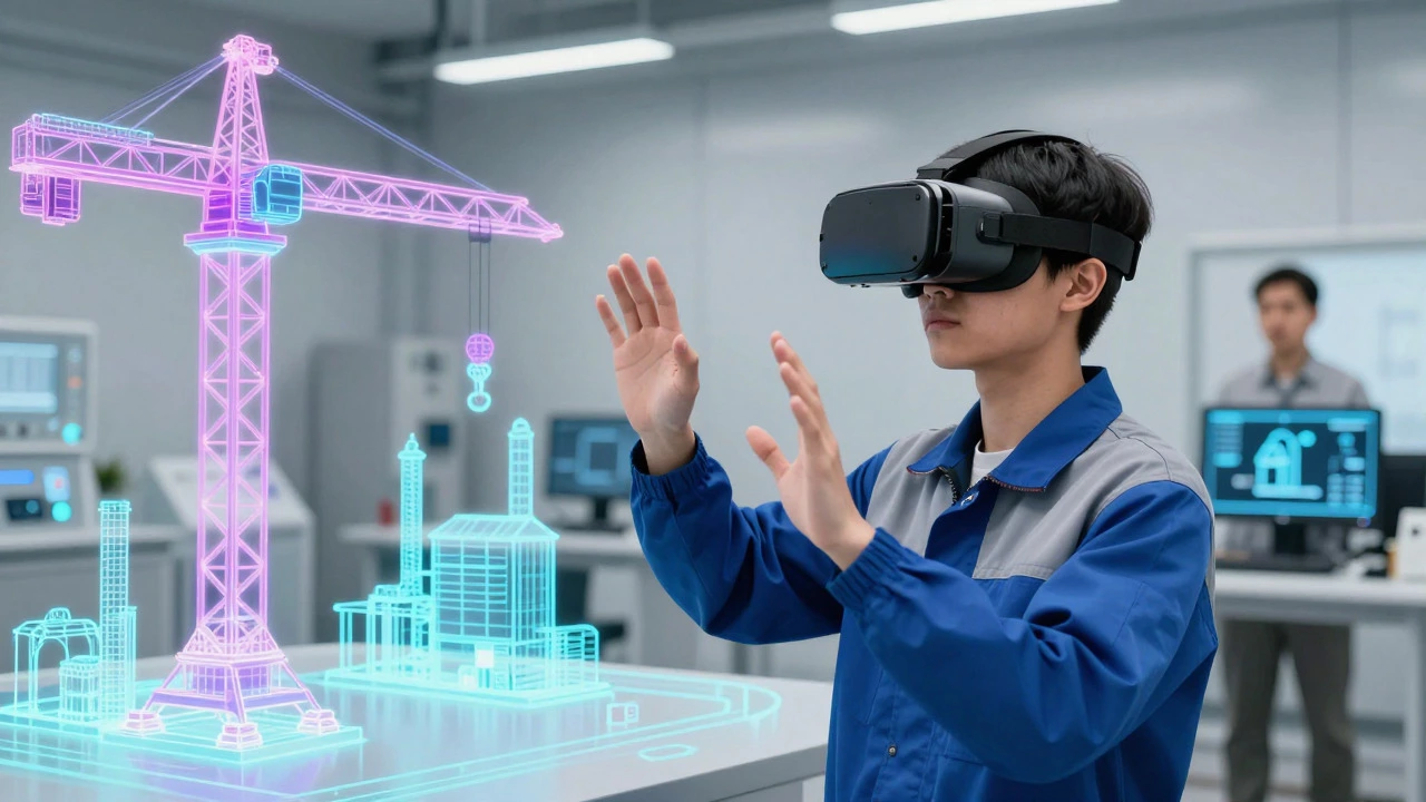 Рабочий в VR-шлеме проходит обучение на виртуальном тренажере на заводе