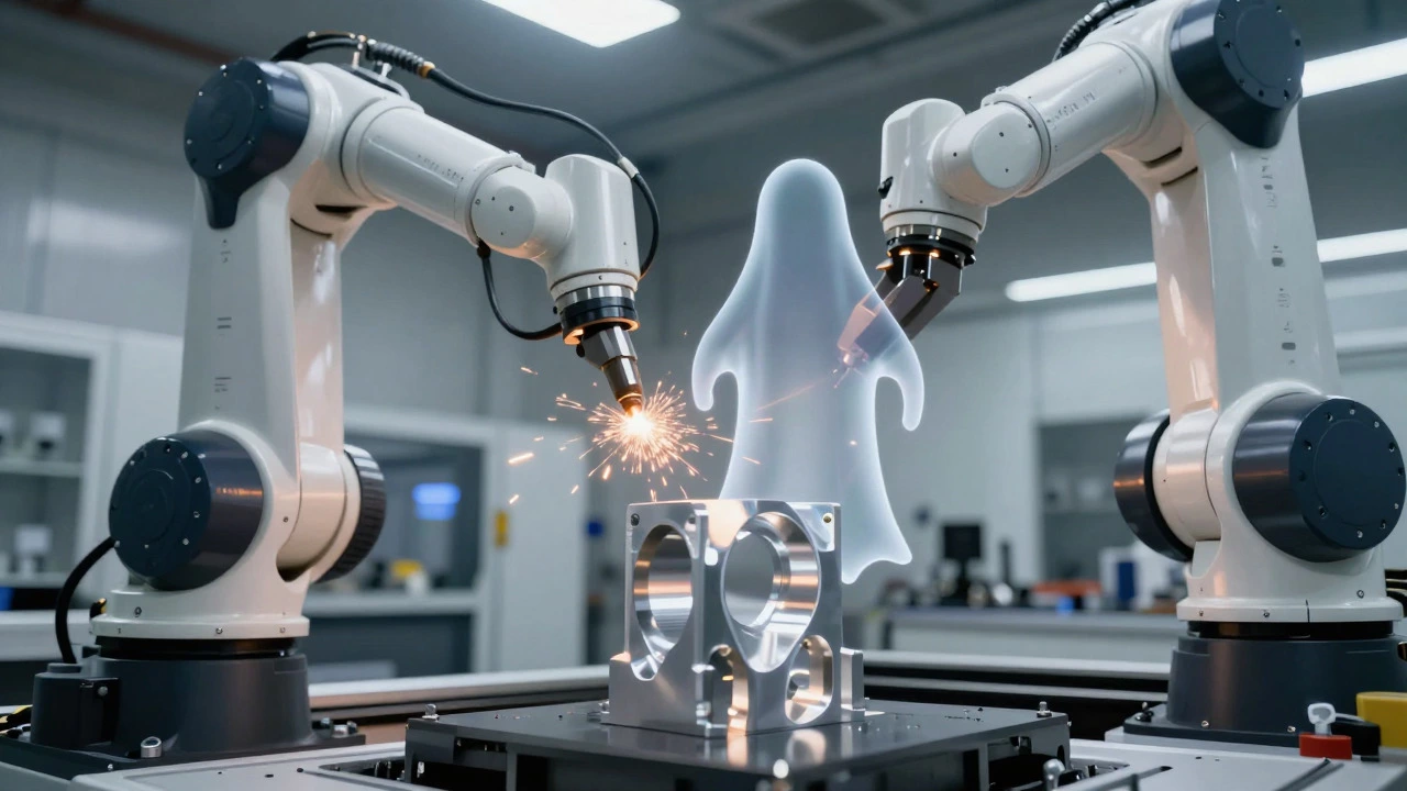 Роботизированная рука держит деталь рядом с её полупрозрачной 3D-моделью в цехе