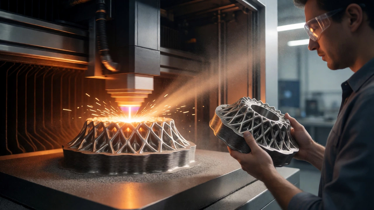 Промышленный 3D-принтер печатает сложную деталь из металла